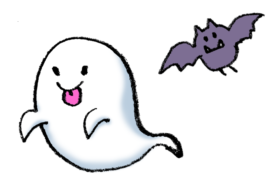 ハロウィン おばけとコウモリのイラスト えんぴつと画用紙