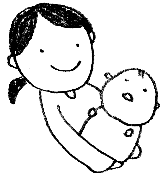 赤ちゃんを抱っこするお母さんのイラスト えんぴつと画用紙