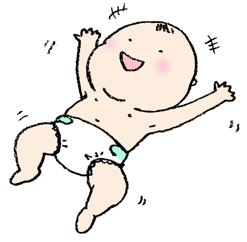 おむつ姿で笑う赤ちゃんのイラスト えんぴつと画用紙