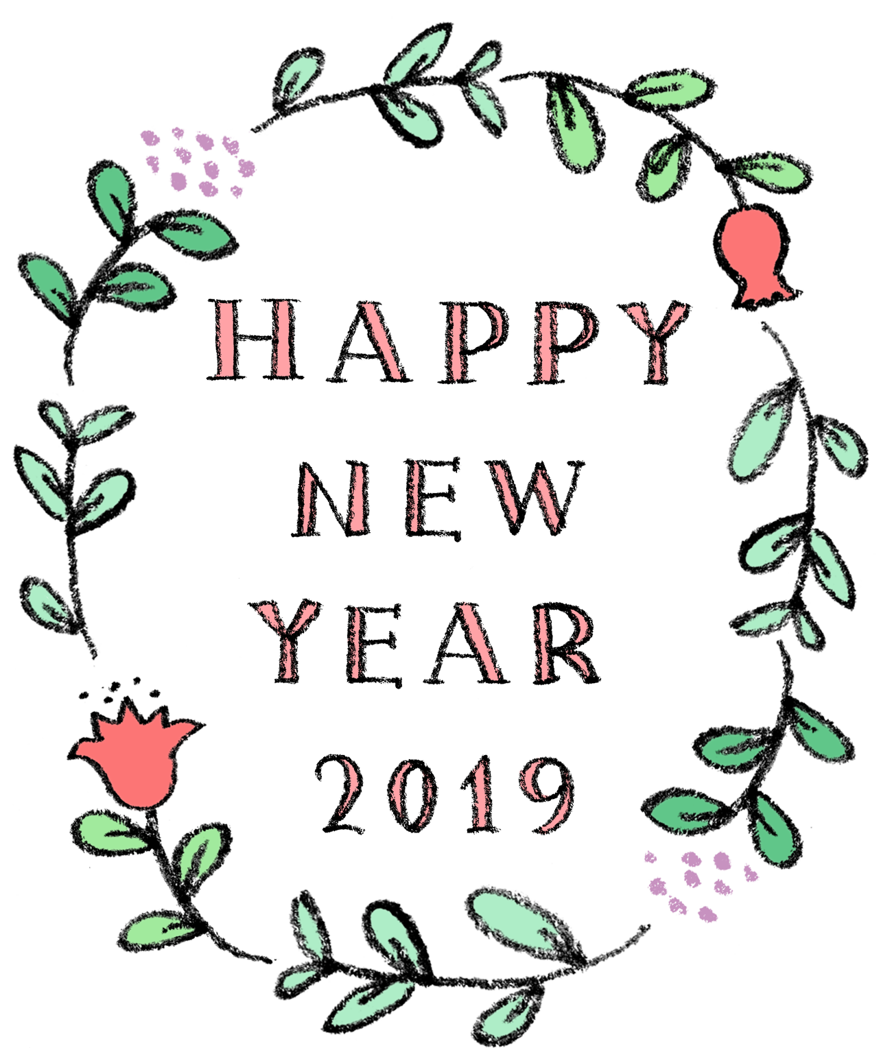 おしゃれでかわいいhappy New Year 2019の文字 花のフレーム