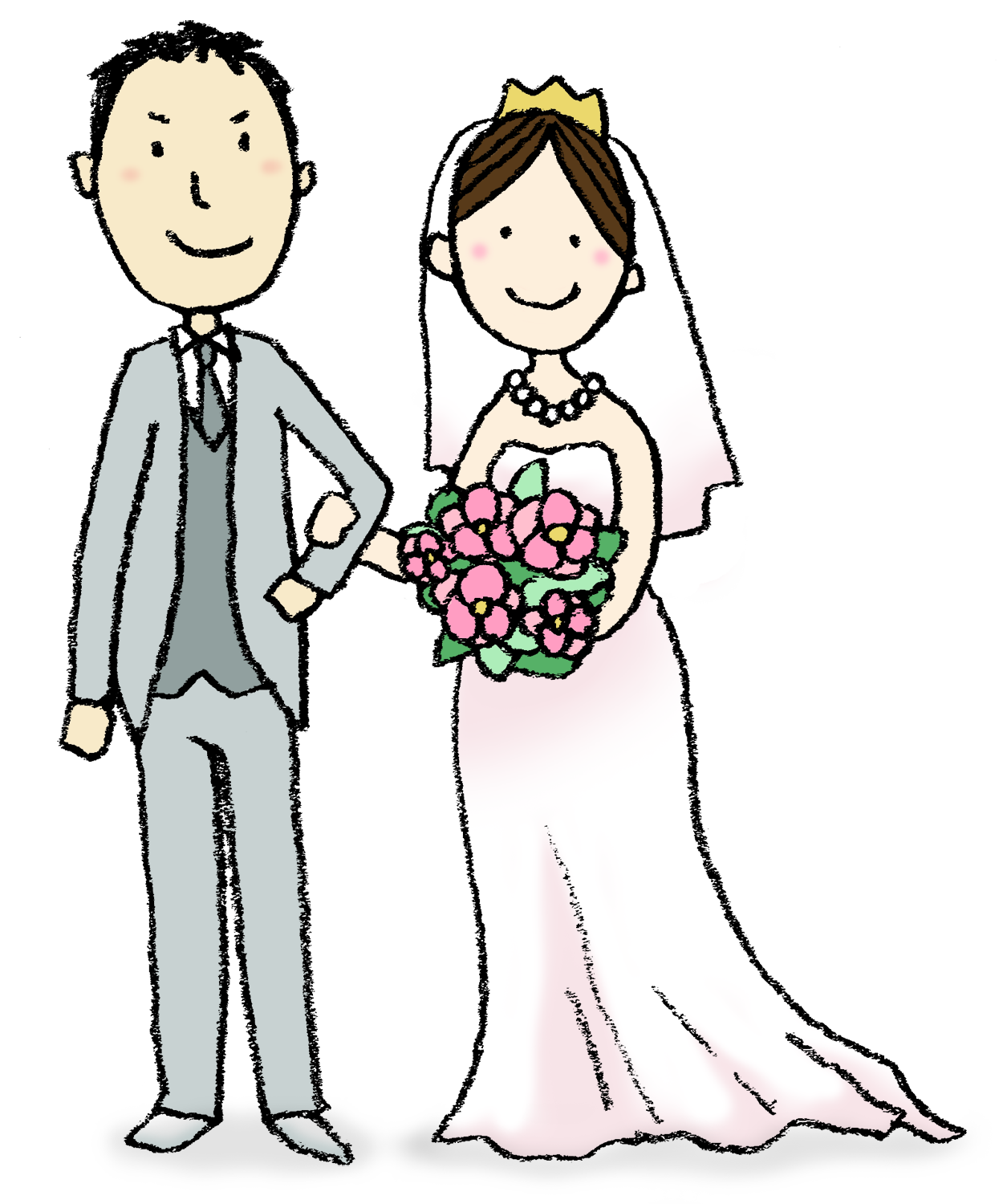 結婚式（花婿と花嫁）のかわいい手書きイラスト えんぴつと画用紙