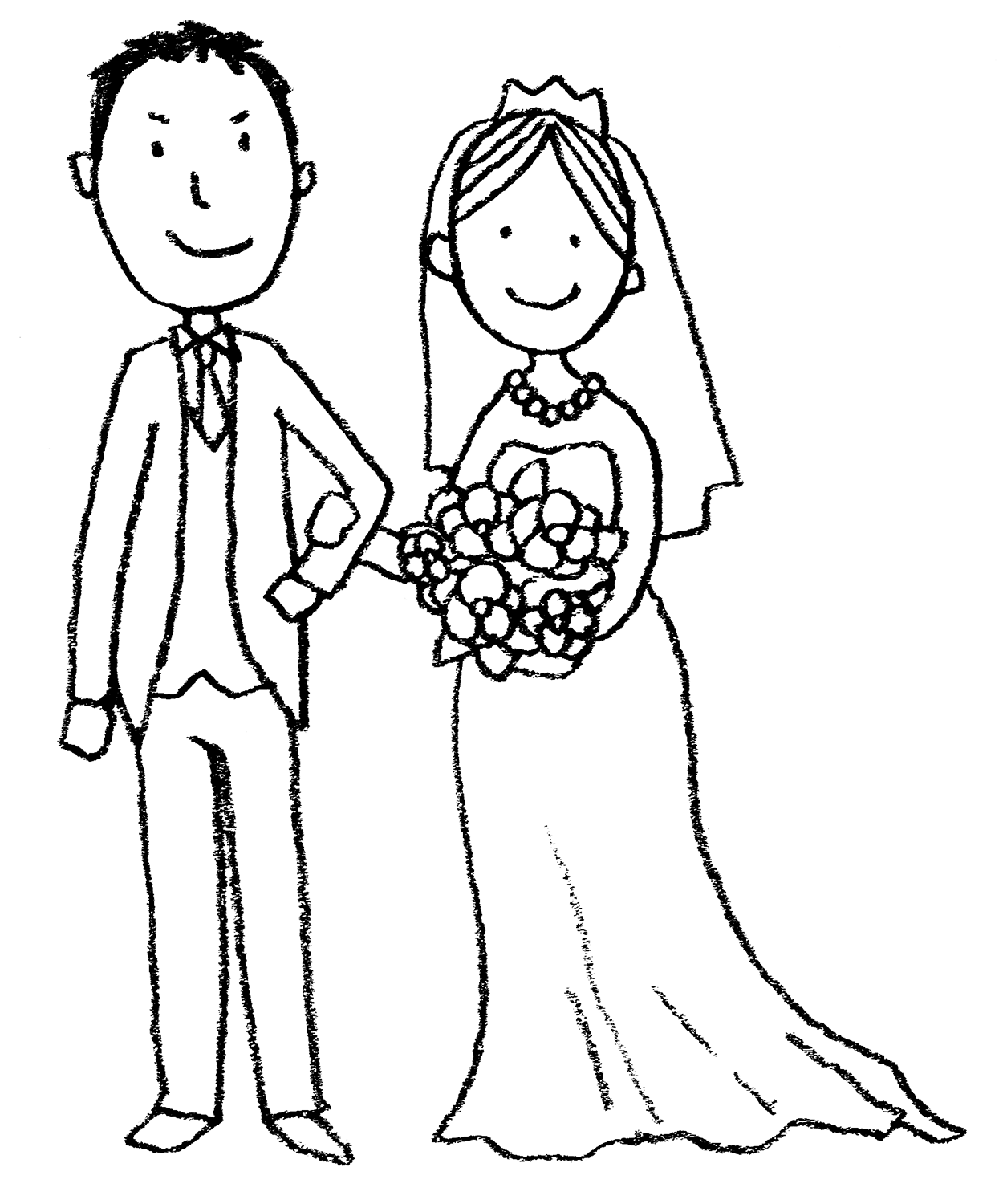 結婚式（花婿と花嫁）のかわいい手書きイラスト えんぴつと画用紙