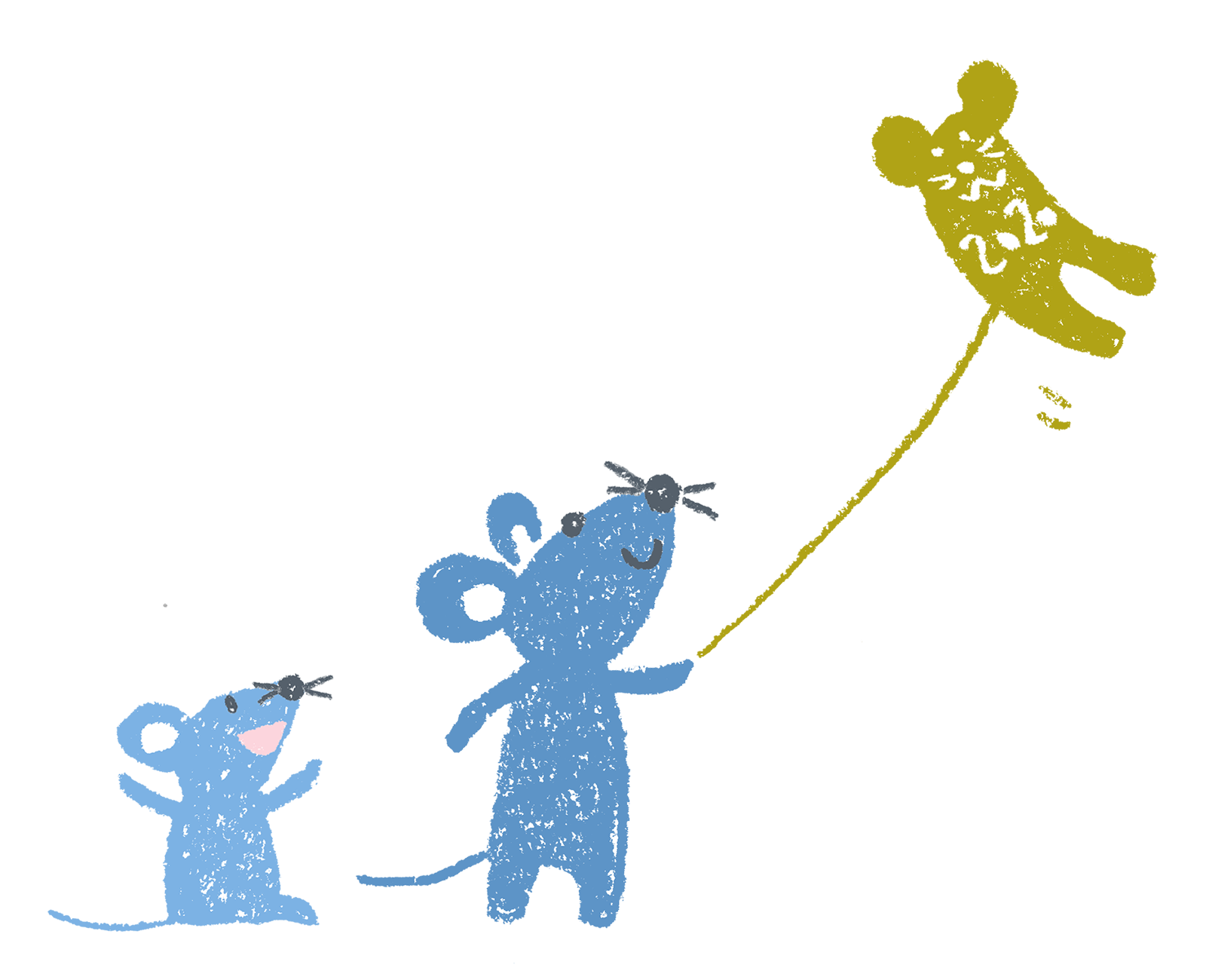 凧揚げするネズミの親子のイラスト 正月 干支 えんぴつと画用紙