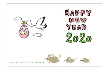 ネズミ・子・ねずみ・イラスト・和風・手書き・可愛い・年賀状・干支・2020年・フリー・シルエット・シンプル・走る・出産報告・赤ちゃん・コウノトリ
