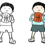 手書きイラスト・バスケットボールを持った子ども・男の子・スポーツ・かわいい無料素材・ドリブル