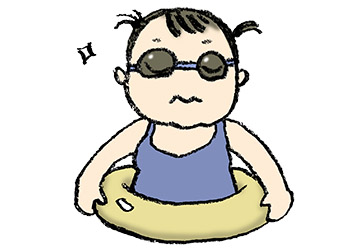 フリーイラスト・うきわ・水着・子ども・女の子・ゴーグル・水中眼鏡・かわいい手描き無料素材