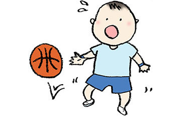 手書きイラスト・バスケットボールを持った子ども・男の子・スポーツ・かわいい無料素材・ドリブル