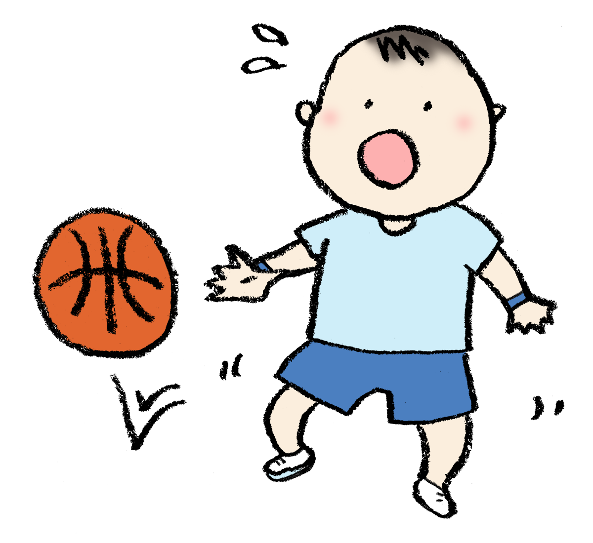 バスケットボールでドリブルが出来ない男の子 手書きイラスト えんぴつと画用紙