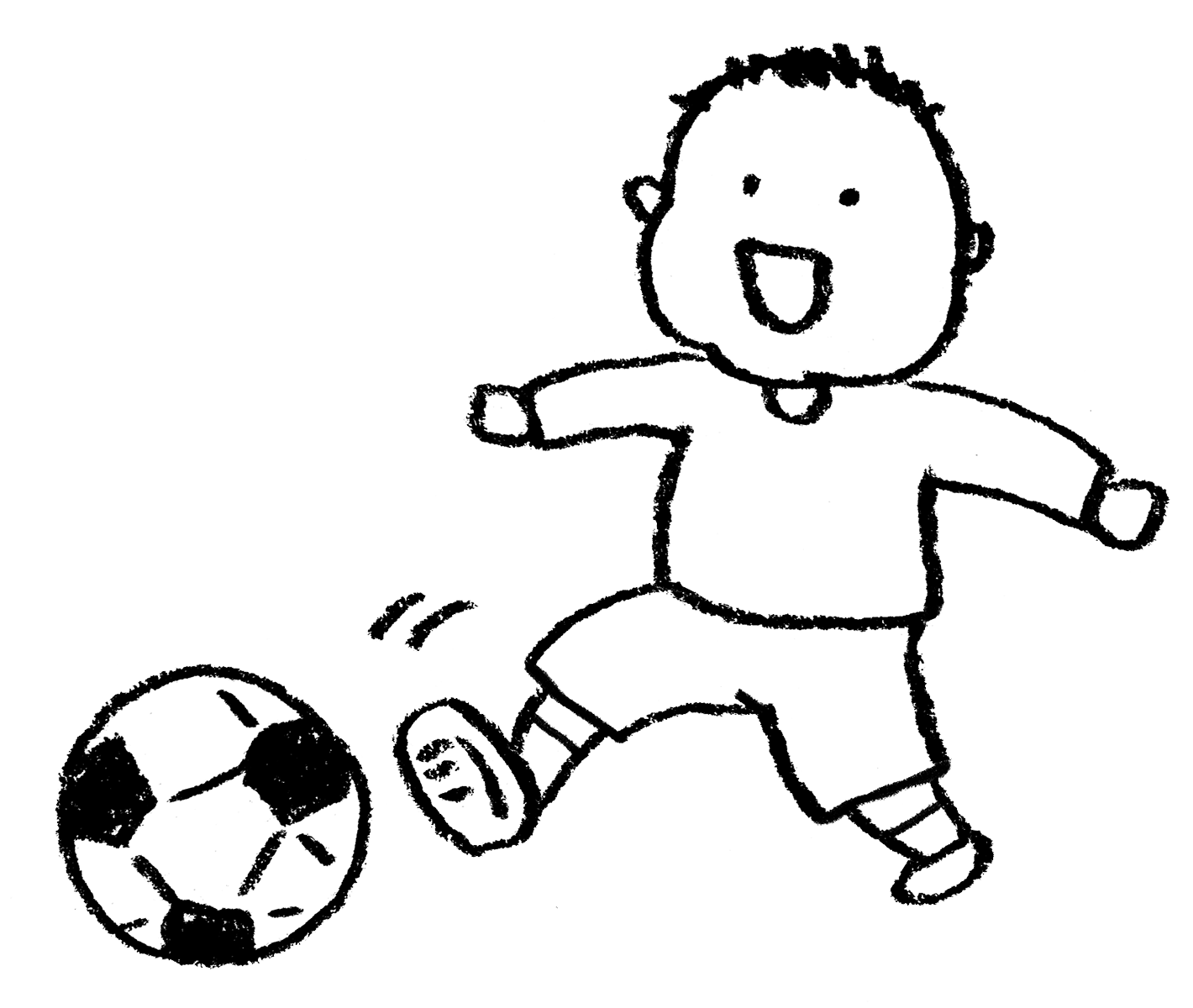 サッカーボールを蹴る男の子の手書きイラスト えんぴつと画用紙