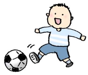 サッカーボールを蹴る男の子、無料素材、フリーイラスト、子ども、かわいい手書き素材