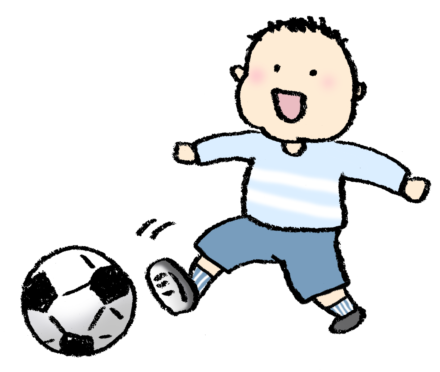 サッカーボールを蹴る男の子の手書きイラスト えんぴつと画用紙