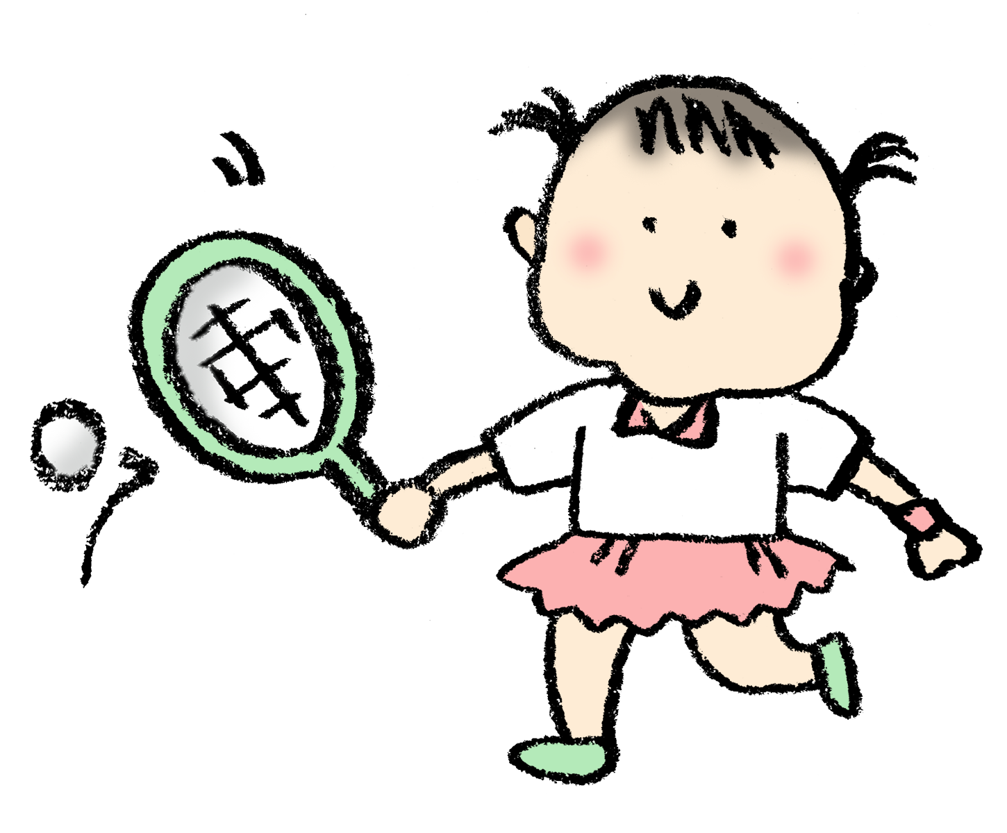 テニスをする女の子のかわいい手描きイラスト えんぴつと画用紙