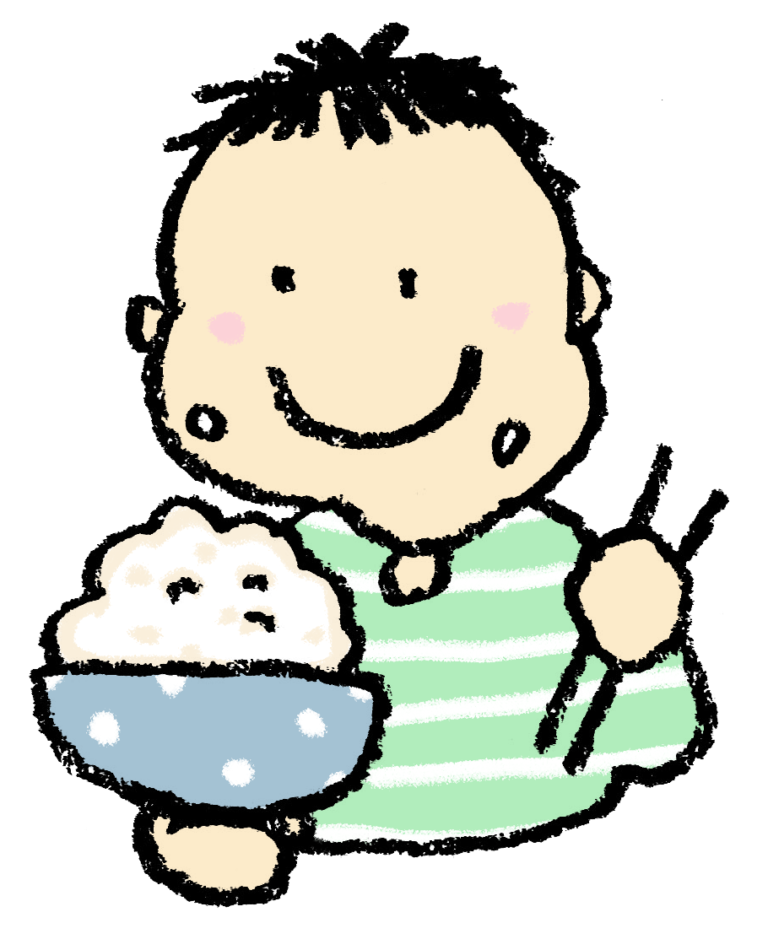 ご飯を食べる子どものイラスト（お茶碗） えんぴつと画用紙