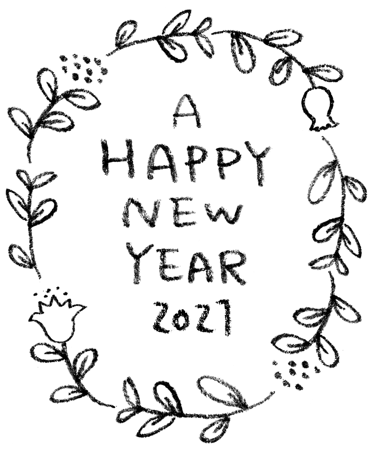 洋風でかわいいhappy New Year21の手書き文字 年賀状素材 えんぴつと画用紙