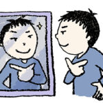 無料イラスト・手書き・可愛い・フリー素材・男の子・鏡を見る・子ども・モノクロ・ナルシスト・キメポーズ