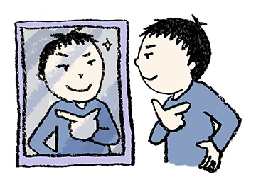 無料イラスト・手書き・可愛い・フリー素材・男の子・鏡を見る・子ども・モノクロ・ナルシスト・キメポーズ