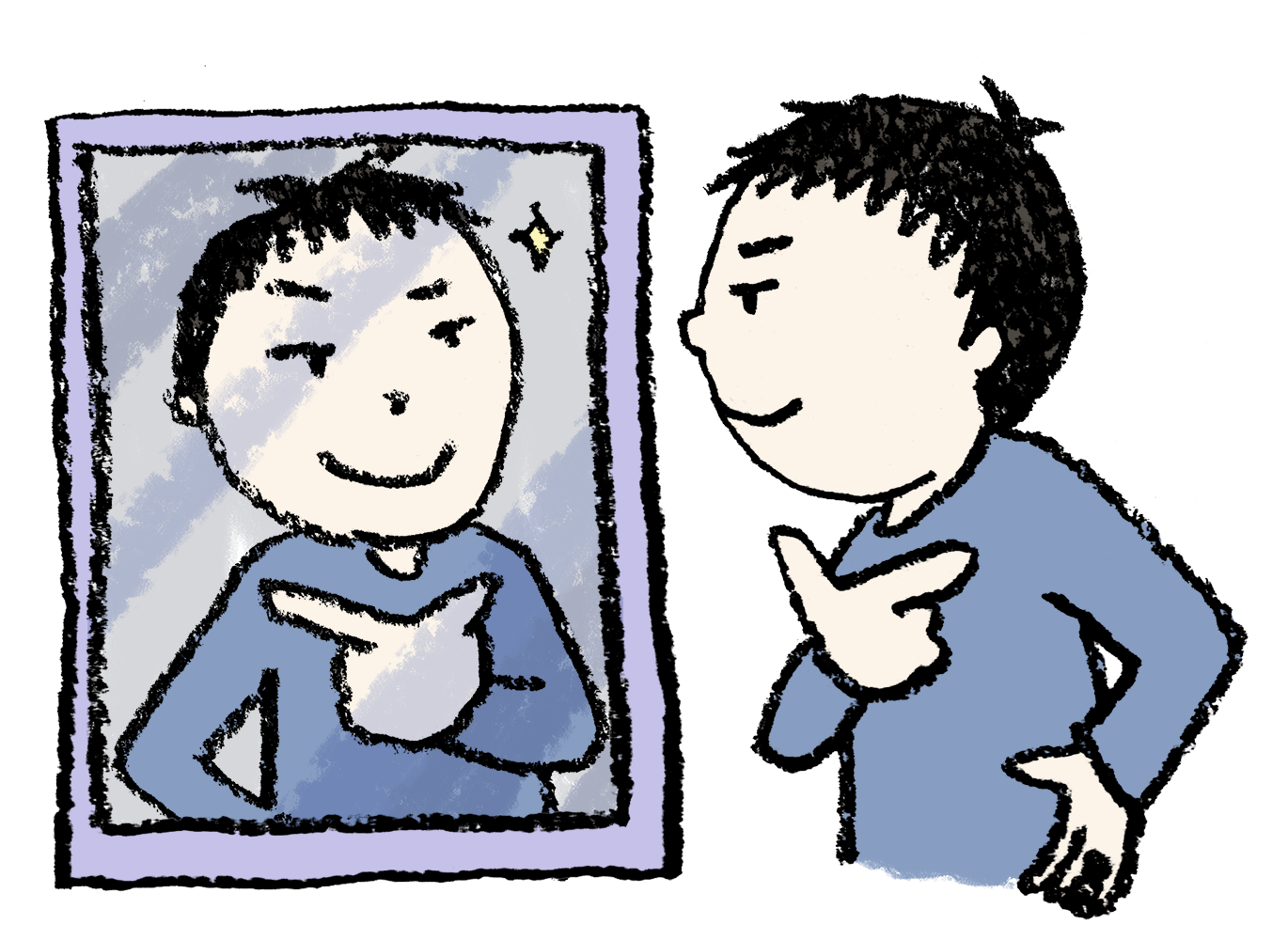 鏡を見る男の子の無料素材 ナルシスト キメポーズ えんぴつと画用紙