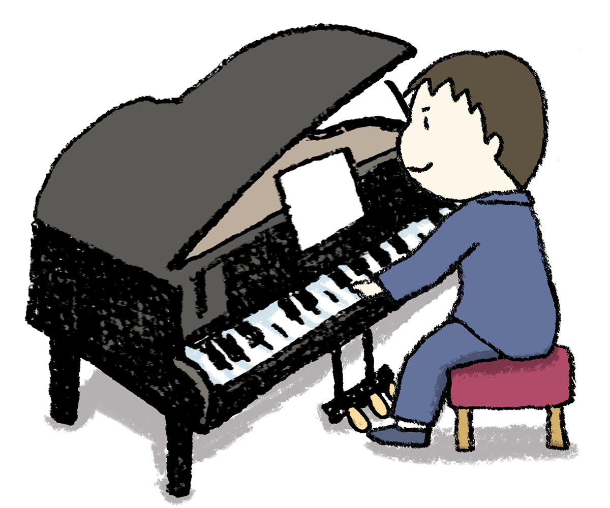 グランドピアノを弾く男の子のイラスト 発表会 えんぴつと画用紙