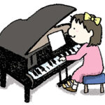 グランドピアノを弾く女の子・子ども・手書きイラスト・ゆるい可愛い・かわいい・フリー素材・無料・発表会
