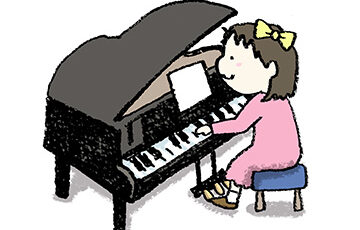 グランドピアノを弾く女の子・子ども・手書きイラスト・ゆるい可愛い・かわいい・フリー素材・無料・発表会