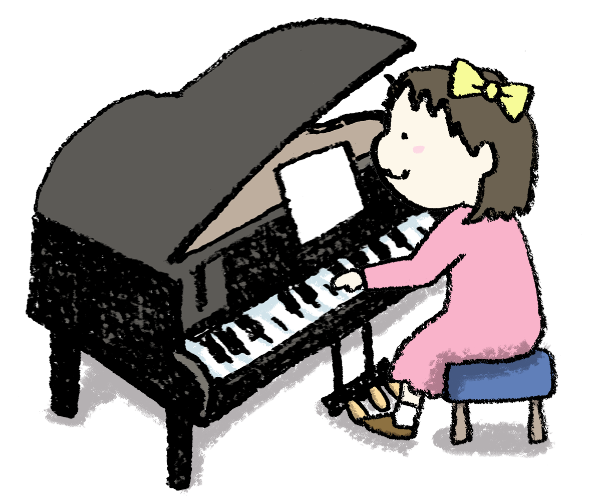 グランドピアノを弾く女の子のかわいいイラスト 発表会 えんぴつと画用紙