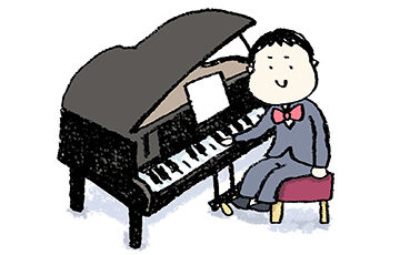 グランドピアノを弾く男の子・子ども・手書きイラスト・ゆるい可愛い・かわいい・フリー素材・無料・発表会・タキシード