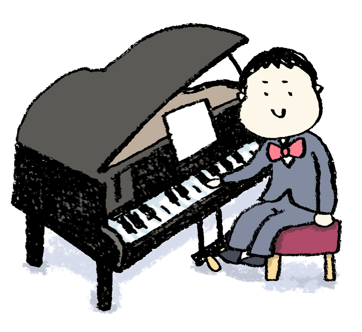 グランドピアノを弾く男の子のイラスト 発表会 笑顔 えんぴつと画用紙